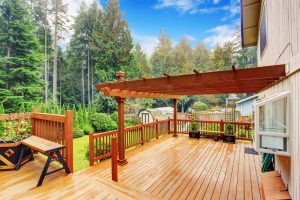 Spaciouswoodendeckwithbenchesandattachedpergola | h3 outdoor design & construction Attached Pergola
