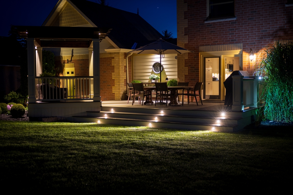 Beautiful outdoor deck with lights on in the evening