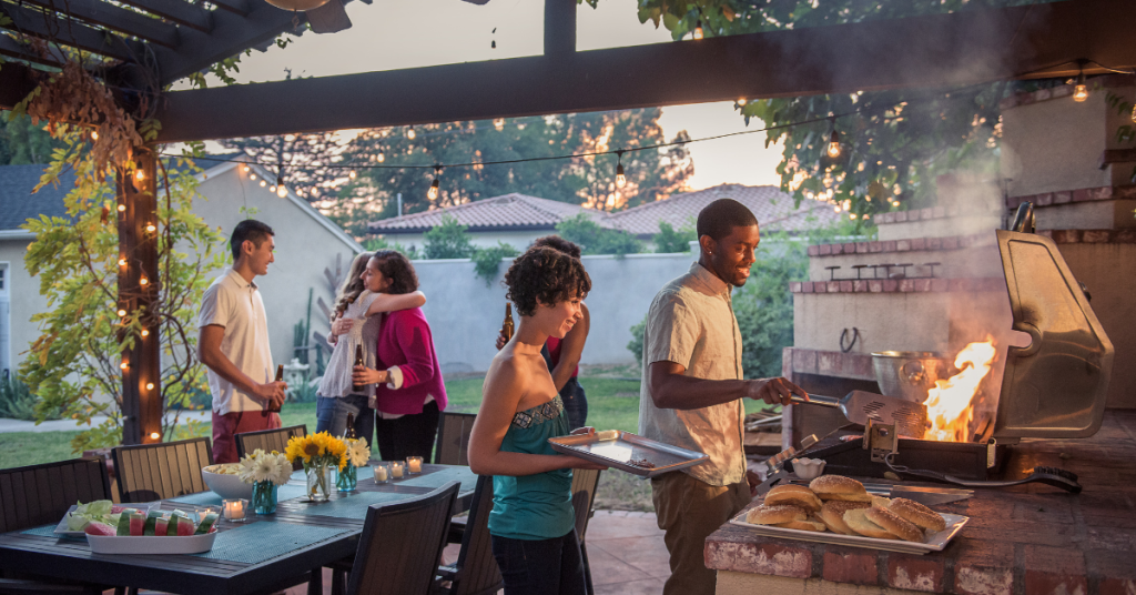 backyard grilling, outdoor kitchen, outdoor lighting