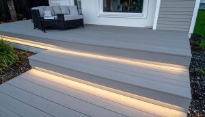 Modernmulti-levelcompositedeckinginashgreywithsubtledeck | h3 outdoor design & construction Modern Multi-level Composite Decking in Ash Grey with Subtle Deck Lights for Contempo