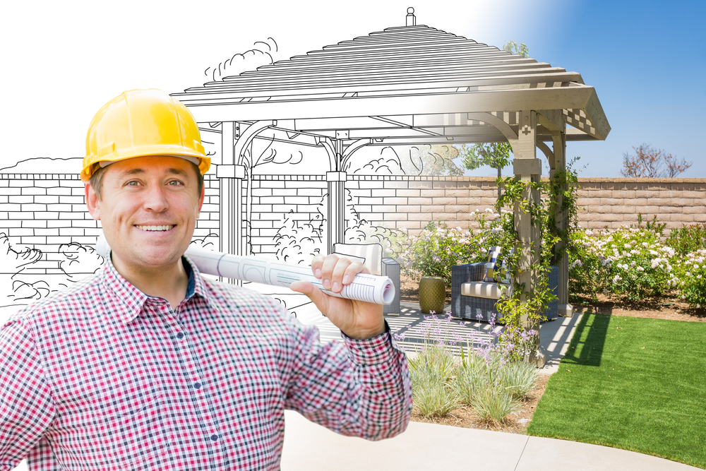 Contractor in Front of Drawing Gradating into Photo of Finished Patio Cover