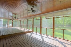 Sunnyenclosedporchwithwoodendeckandfans | h3 outdoor design & construction Enclosed Porch