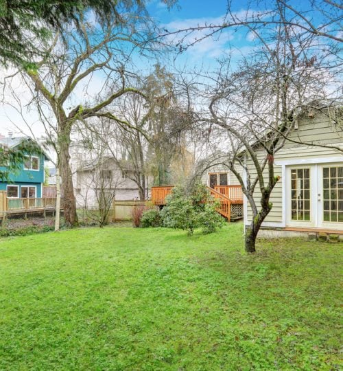Photo,Of,Bungalow,Backyard,With,Shed,In,Late,Autumn.,Northwest,